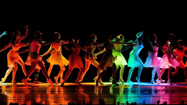 Foto eine gruppe von tänzern in farbenfrohen kostümen führt auf einer reflektierenden bühne eine synchronisierte tanzroutine durch