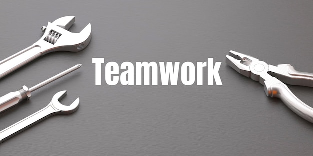 Eine Gruppe von Teamwork-Logos mit vier verschiedenen Werkzeugen auf grauem Hintergrund.