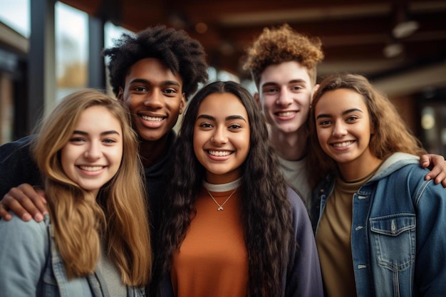 eine Gruppe von Teenager-Freunden posiert für ein Foto.