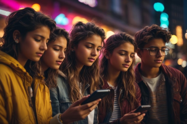 eine Gruppe von Teenagern, die Smartphones benutzen, sind süchtig nach Social-Media-Technologie geworden