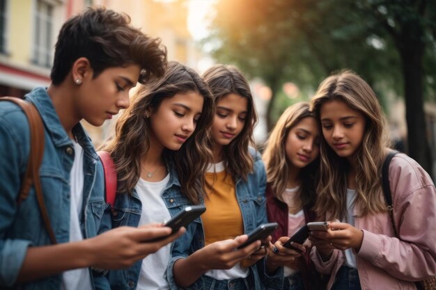 Foto eine gruppe von teenagern, die smartphones benutzen, sind süchtig nach social-media-technologie geworden