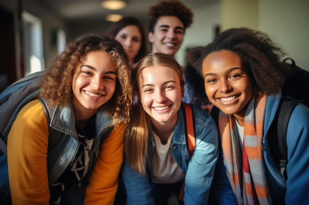 Eine Gruppe von Teenagern mit Rucksäcken im glücklichen Stil zurück zur Schule