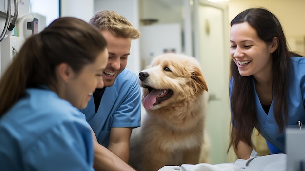 Eine Gruppe von Tierärzten untersucht den Hund in der Klinik, die mit generativer KI-Technologie erstellt wurde