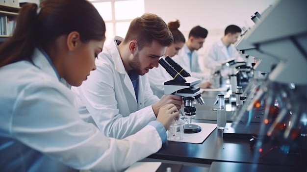 Eine Gruppe von Universitätsstudenten führt in einem naturwissenschaftlichen Labor ein Mikroskop-Experiment durch