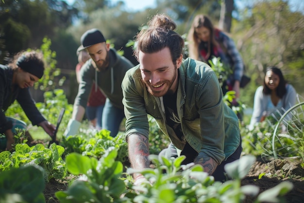 Eine Gruppe von Unternehmern pflanzt und pflegt glücklich einen Gemeinschaftsgarten, pflegt Pflanzen und genießt die Natur