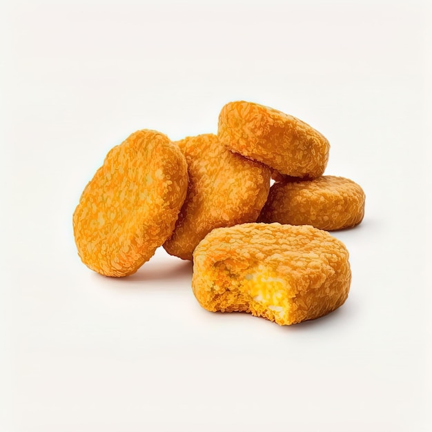 Eine Gruppe von vier Chicken Nuggets befindet sich auf einem weißen Hintergrund.