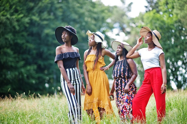 Eine Gruppe von vier wunderschönen afroamerikanischen Frauen trägt einen Sommerhut, der Zeit auf grünem Gras im Park verbringt