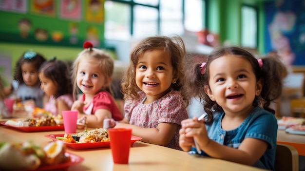 Eine Gruppe von Vorschulkindern sitzt in der Schulcafeteria und isst Mittagessen