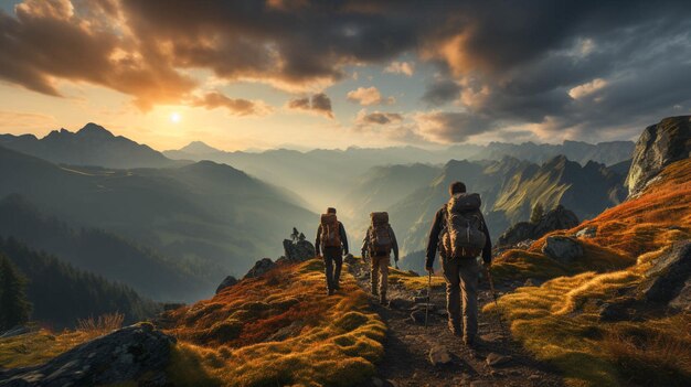 Eine Gruppe von Wanderern auf dem Gipfel eines Berges bei Sonnenuntergang