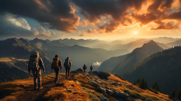 Eine Gruppe von Wanderern auf dem Gipfel eines Berges bei Sonnenuntergang