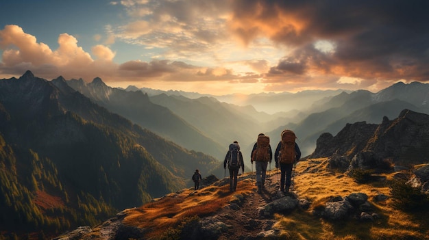 Eine Gruppe von Wanderern auf dem Gipfel eines Berges bei Sonnenuntergang