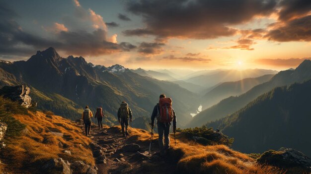 Eine Gruppe von Wanderern auf dem Gipfel eines Berges bei Sonnenuntergang