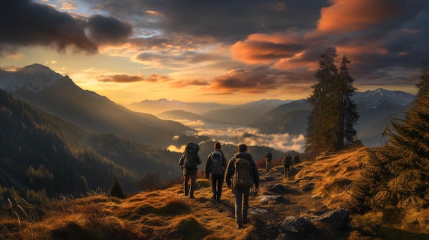 Eine Gruppe von Wanderern auf dem Gipfel eines Berges bei Sonnenuntergang