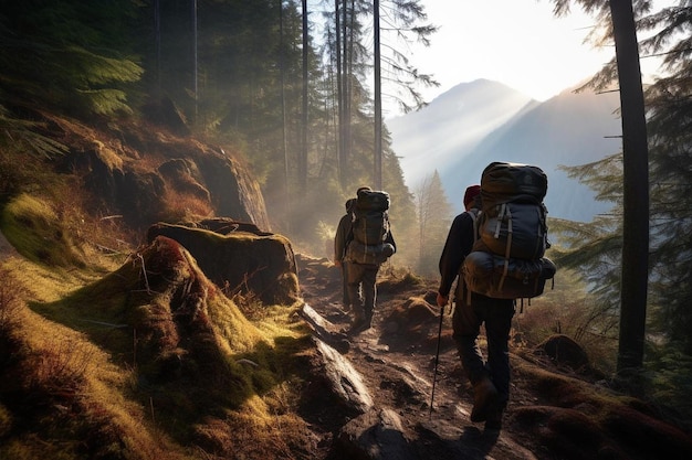 Eine Gruppe von Wanderern, die durch einen Waldweg wandern.