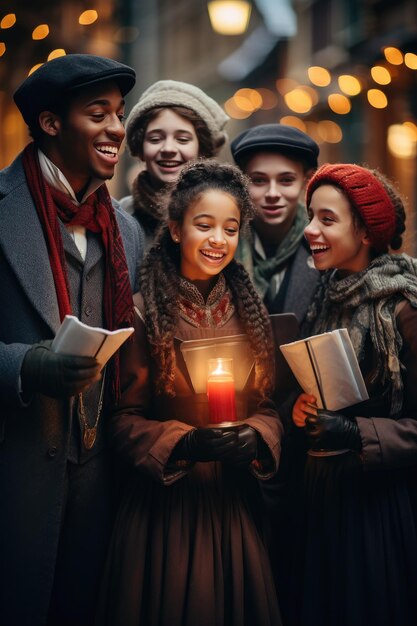 Eine Gruppe von Weihnachtsliedern in viktorianischer Kleidung singt auf einer verschneiten Straße