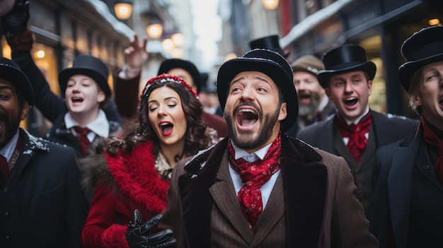 Eine Gruppe von Weihnachtsliedern in viktorianischer Kleidung singt auf einer verschneiten Straße