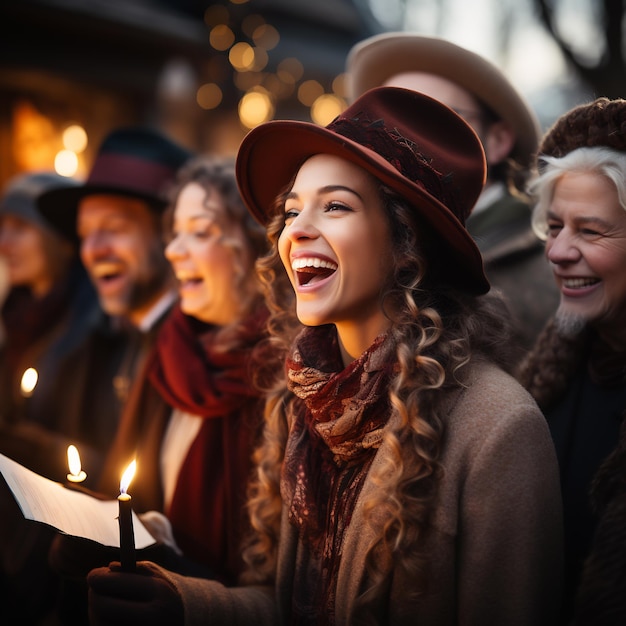 Eine Gruppe von Weihnachtssängern, die sich gegen die Kälte zusammengebunden haben und vor einem geschmückten Haus freudig singen