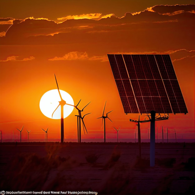Eine Gruppe von Windkraftanlagen und Sonnenkollektoren bei Sonnenuntergang