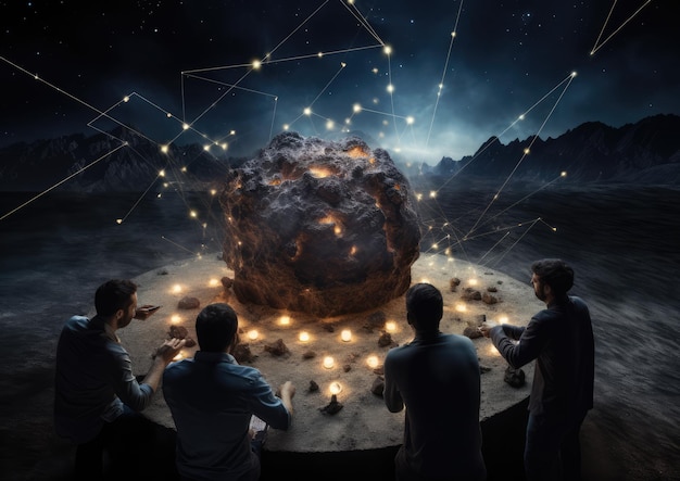 Eine Gruppe von Wissenschaftlern diskutiert die Flugbahn eines Asteroiden