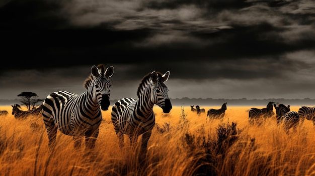 eine Gruppe von Zebras steht in einem Feld mit einem Himmelshintergrund