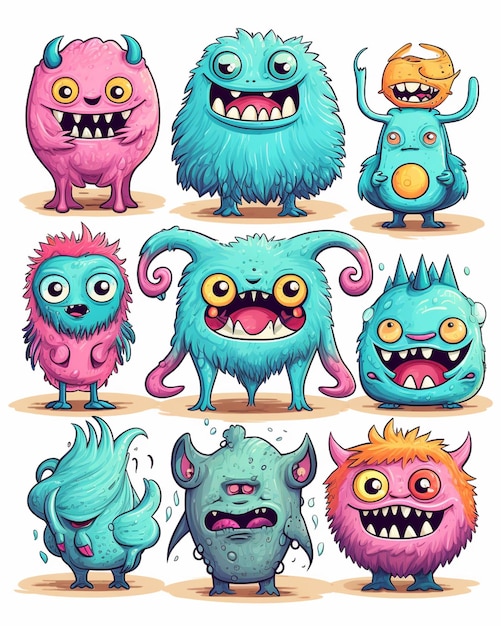 eine Gruppe von Zeichentrickfilmen-Monstern mit verschiedenen Ausdrücken generative ai