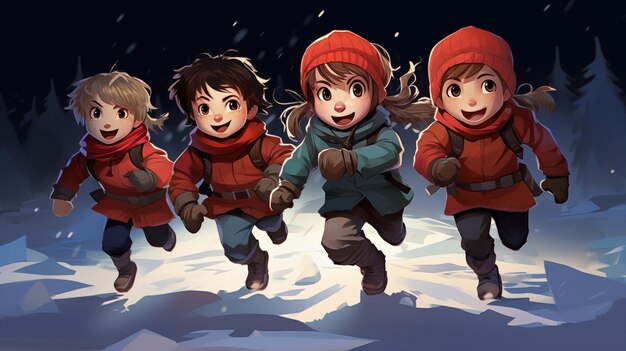 Foto eine gruppe von zeichentrickfilmen von teenagerkindern, die durch einen winterwald laufen