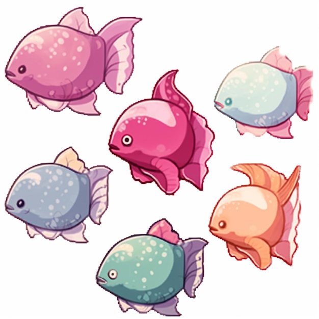 eine Gruppe von Zeichentrickfischen mit verschiedenen Farben und Größen generative ai