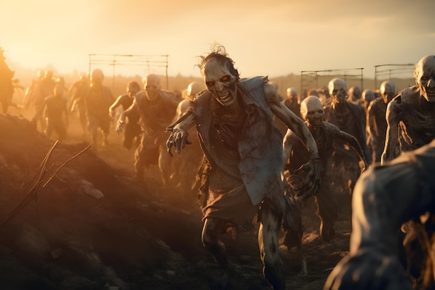 Eine Gruppe von Zombies, die im neuronalen Netzwerk am Sommermorgen laufen, erzeugte ein fotorealistisches Bild