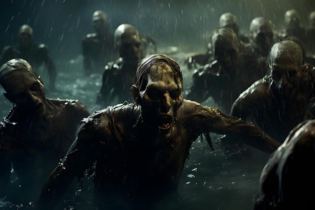 Eine Gruppe von Zombies im Wasser in einer regnerischen Nacht. Ein neuronales Netzwerk erzeugte ein fotorealistisches Bild