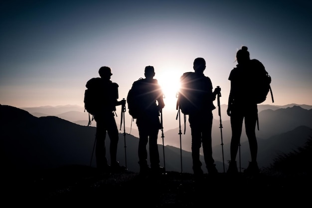 Eine Gruppe Wanderer steht auf einem Berg und die Sonne scheint auf sie.