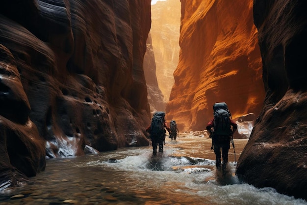 Eine Gruppe Wanderer wandert durch eine Schlucht in der Wüste.