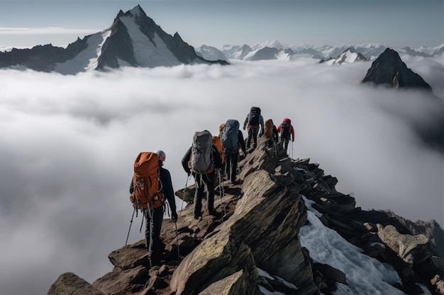 Eine Gruppe Wanderer wandert entlang einer Klippe in den Bergen.