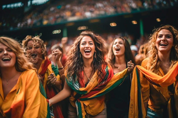 Eine Gruppe weiblicher Fans der Mannschaft jubelt am Spieltag