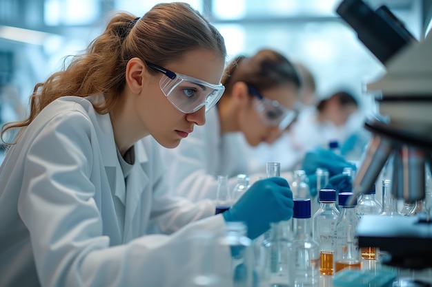Eine Gruppe weiblicher Studenten macht einen Chemie-Laborunterricht mit Augenschutz und Reagenzrohren Generative KI