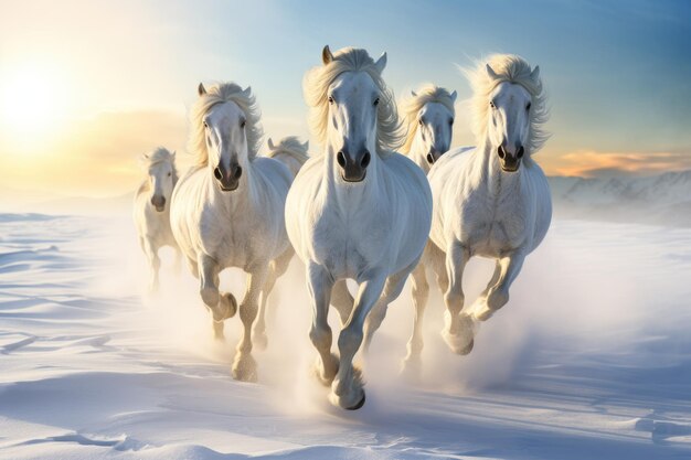 eine Gruppe weißer Pferde, die im Schnee laufen