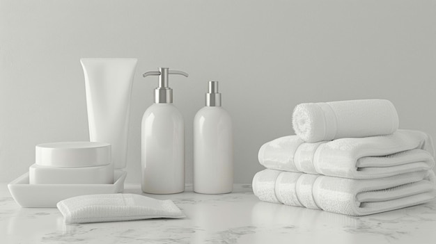 eine Gruppe weißer Toilettenartikel mit einer weißen Flasche Shampoo