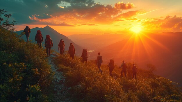 Foto eine gruppenwanderung mit atemberaubendem hintergrund