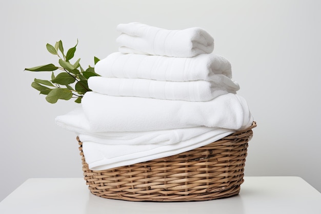 Eine Gruppierung weißer Spa-Handtücher in einem Korb vor einem weißen Hintergrund
