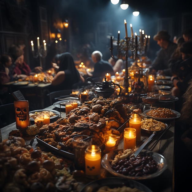 Eine gruselige Atmosphäre auf einer Halloween-Party. Die Gäste sind dem Anlass entsprechend gekleidet und trinken Cocktails