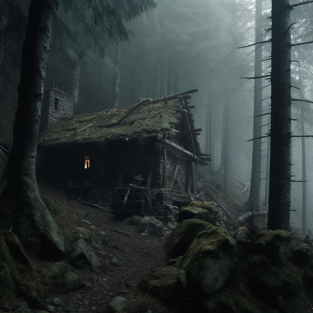 Eine gruselige Blockhütte im dunklen Wald