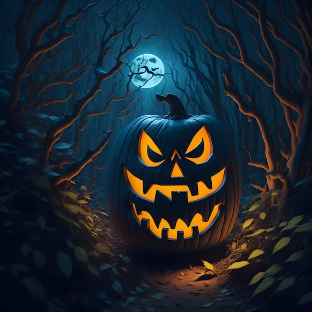 Eine gruselige Halloween-Nacht mit einer Skelettfigur und Kürbissen-Design im Hintergrund, Nacht-KI generiert