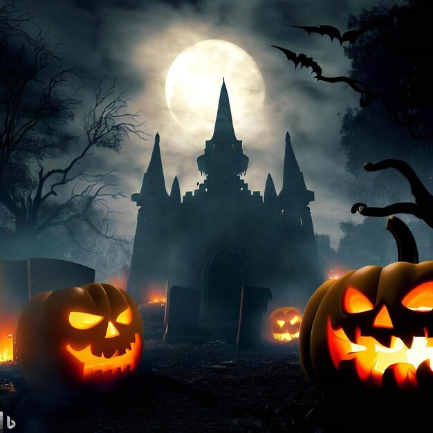 Eine gruselige Halloween-Szene mit einem heimgesuchten Schloss, Jackalanterns und einem Friedhof