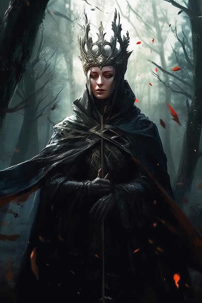 Eine gruselige weibliche Hexenkönigin, ein toter Geist auf einem düsteren vertikalen Waldhintergrund. Generative KI-Illustration. Fröhliches Halloween-Konzept