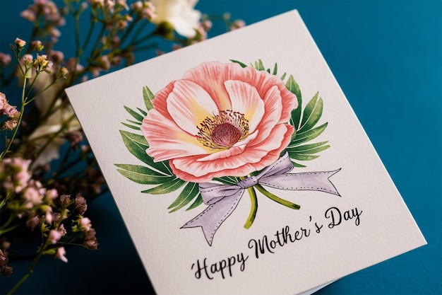 eine Grußkarte mit einer rosa Blume und den Worten "Glücklicher Muttertag" darauf