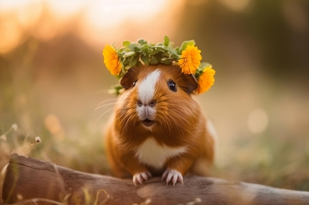 eine Guinea mit einer Blumenkrone auf dem Kopf