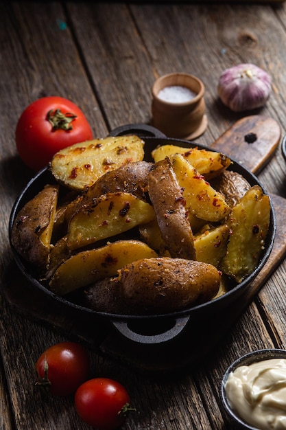 Eine gusseiserne Pfanne mit Kartoffeln und Tomaten auf einem Holztisch.