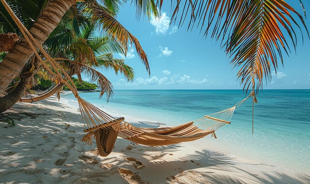 eine Hängematte befindet sich an einem Strand mit einem Palmbaum im Hintergrund