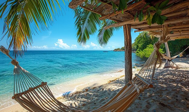 eine Hängematte, die draußen an einem Strand mit einem Palmbaum ist