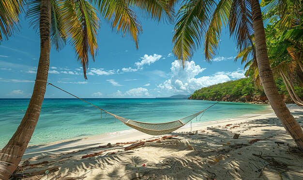 eine Hängematte hängt an einem Palmbaum an einem Strand