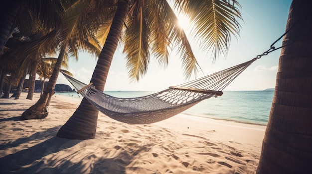 Eine Hängematte hängt zwischen Palmen an einem Strand.